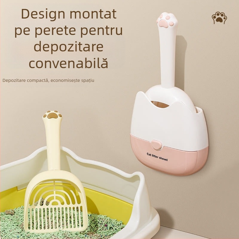 Lopată pentru așternut pentru pisici, montată pe perete, cu două culori, cu specificații duble, design două în unu, montat pe perete, pentru o depozitare mai convenabilă și un design de dezodorizare mai eficient.