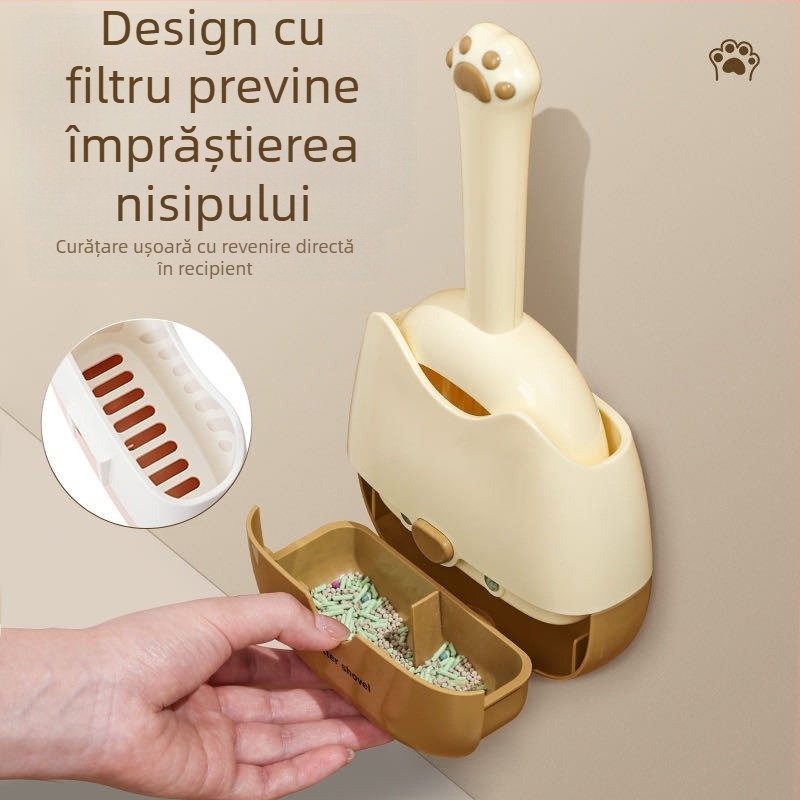 Lopată pentru așternut pentru pisici, montată pe perete, cu două culori, cu specificații duble, design două în unu, montat pe perete, pentru o depozitare mai convenabilă și un design de dezodorizare mai eficient.