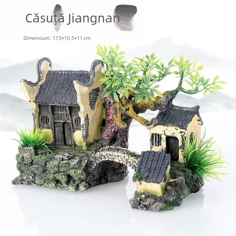 Decorațiune pentru acvariu, peisagistică, rășină, artizanat, casă, stânci, ornamente, cabană Jiangnan, sat acvatic, clădire Yunhe