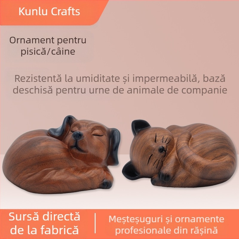 Ornamente funerare pentru pisici și câini din rășină, imitație de textură din lemn, model de animale de curte, pentru animale de companie