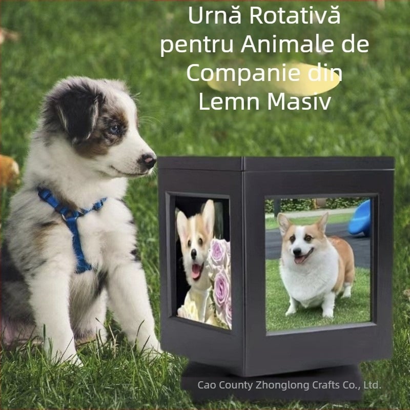 Urnă din lemn pentru animale de companie, bază rotativă, cu ramă foto, cutie de sicriu pentru câini, cutie memorială pentru incinerare pentru pisici