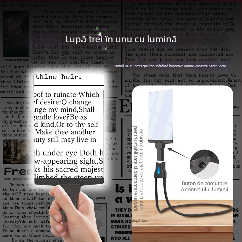 Lupă specială pentru vârstnici pentru citit, lumină albastră de înaltă definiție ultra-înaltă cu lumină, lupă multifuncțională portabilă pentru birou, cu gât suspendat