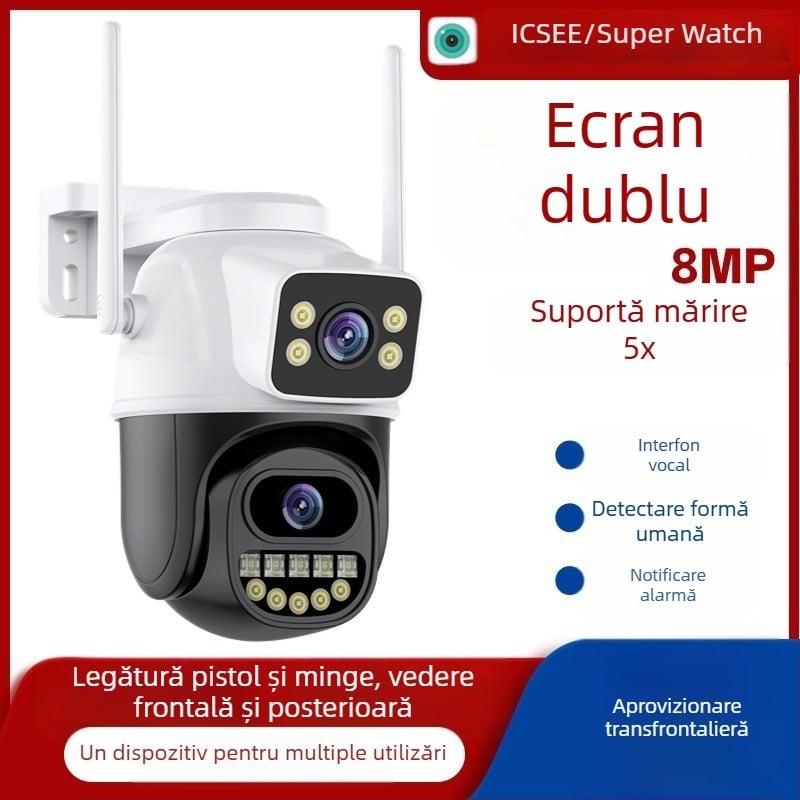 Cameră de supraveghere wireless ICSEE cu ecran dublu, 8MP, 9 milioane de pixeli, zoom 5x HD WIFI, binoclu, cu WIFI