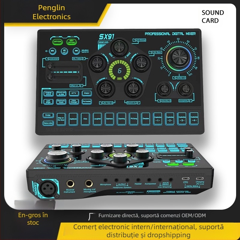 Microfon cu placă de sunet pentru jocuri cu transmisie live de 48V, exclusiv transfrontalier, pentru placa de sunet Sx91, versiunea chineză și engleză, cu efecte sonore personalizate