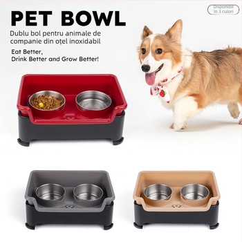 Bol dublu din oțel inoxidabil transfrontalier, anti-șoc, pentru câini, detașabil, anti-alunecare, separare uscată și umedă, pentru a proteja coloana cervicală, bol pentru animale de companie