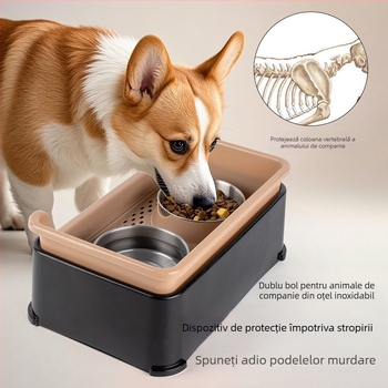 Bol dublu din oțel inoxidabil transfrontalier, anti-șoc, pentru câini, detașabil, anti-alunecare, separare uscată și umedă, pentru a proteja coloana cervicală, bol pentru animale de companie
