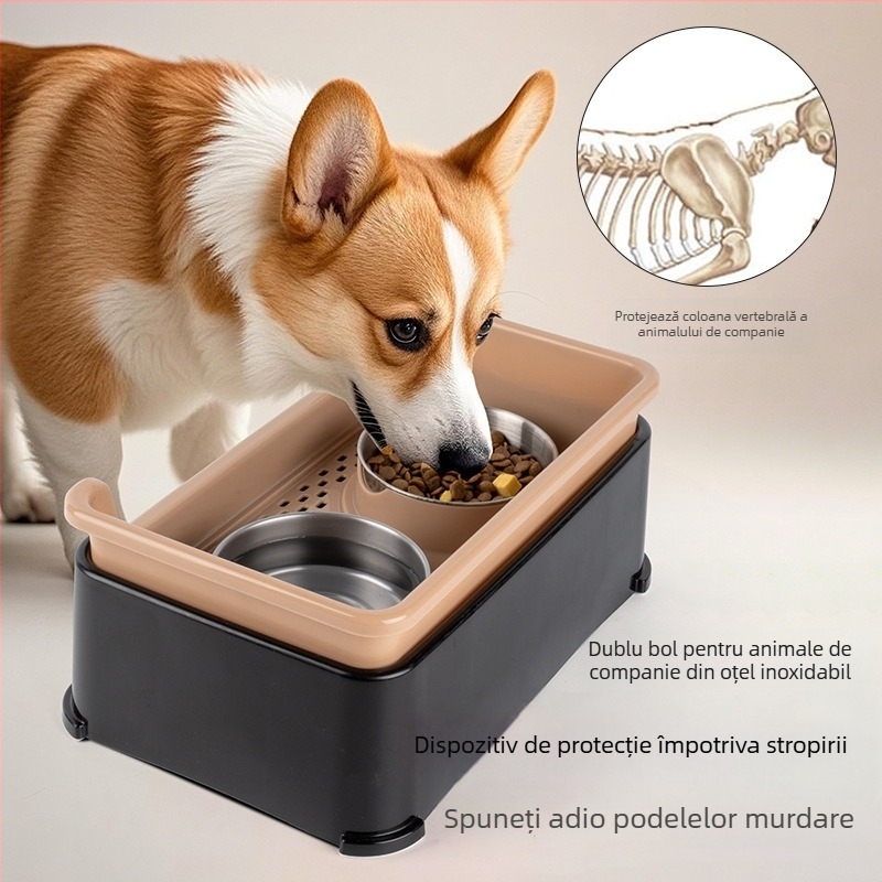 Bol dublu din oțel inoxidabil transfrontalier, anti-șoc, pentru câini, detașabil, anti-alunecare, separare uscată și umedă, pentru a proteja coloana cervicală, bol pentru animale de companie