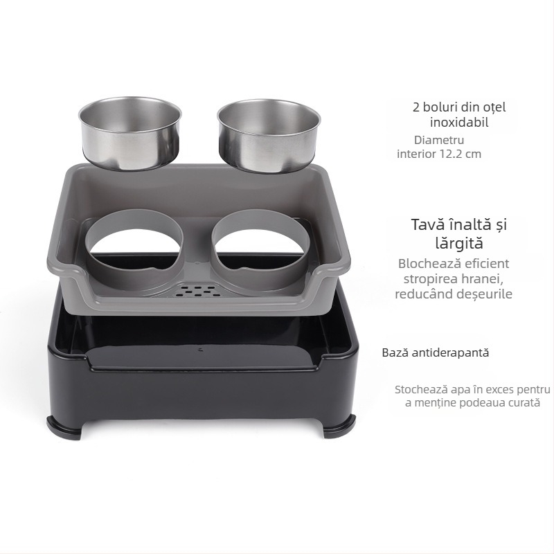 Bol dublu din oțel inoxidabil transfrontalier, anti-șoc, pentru câini, detașabil, anti-alunecare, separare uscată și umedă, pentru a proteja coloana cervicală, bol pentru animale de companie