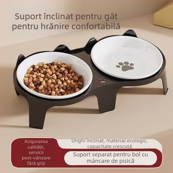 Bol pentru pisici, bol pentru hrană pentru pisici, bol ceramic pentru orez pentru pisici, bol dublu cu gură înclinată pentru a proteja coloana cervicală și a preveni răsturnarea, bol pentru câini pentru apă potabilă și hrănire