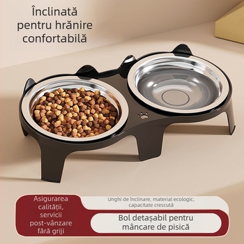Bol pentru pisici, bol pentru hrană pentru pisici, bol ceramic pentru orez pentru pisici, bol dublu cu gură înclinată pentru a proteja coloana cervicală și a preveni răsturnarea, bol pentru câini pentru apă potabilă și hrănire