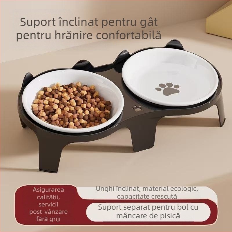 Bol pentru pisici, bol pentru hrană pentru pisici, bol ceramic pentru orez pentru pisici, bol dublu cu gură înclinată pentru a proteja coloana cervicală și a preveni răsturnarea, bol pentru câini pentru apă potabilă și hrănire