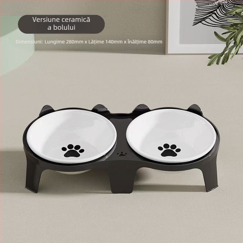 Bol pentru pisici, bol pentru hrană pentru pisici, bol ceramic pentru orez pentru pisici, bol dublu cu gură înclinată pentru a proteja coloana cervicală și a preveni răsturnarea, bol pentru câini pentru apă potabilă și hrănire