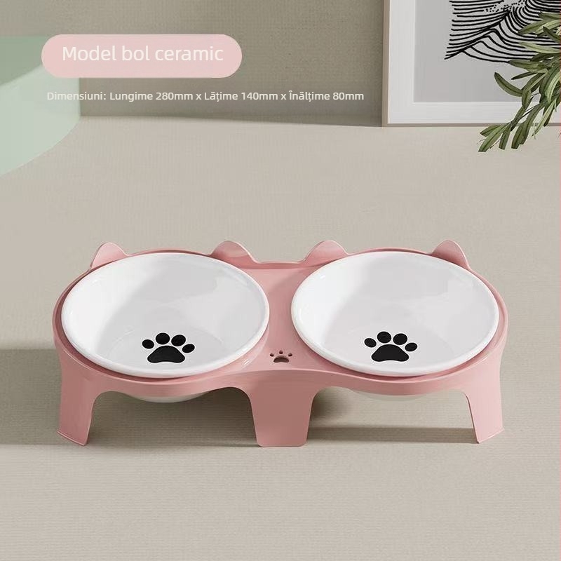 Bol pentru pisici, bol pentru hrană pentru pisici, bol ceramic pentru orez pentru pisici, bol dublu cu gură înclinată pentru a proteja coloana cervicală și a preveni răsturnarea, bol pentru câini pentru apă potabilă și hrănire