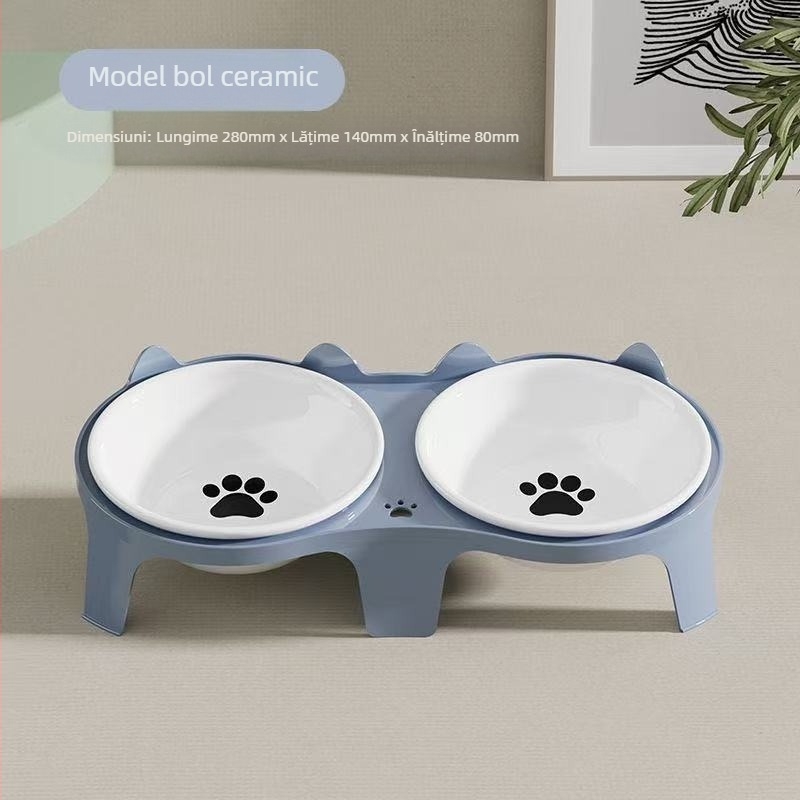 Bol pentru pisici, bol pentru hrană pentru pisici, bol ceramic pentru orez pentru pisici, bol dublu cu gură înclinată pentru a proteja coloana cervicală și a preveni răsturnarea, bol pentru câini pentru apă potabilă și hrănire