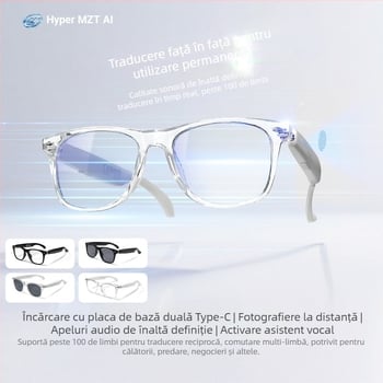 F16 Ochelari inteligenți Bluetooth cu traducere prin IA, peste 100 de limbi, pentru traducere în timp real, pentru ascultarea melodiilor și apeluri