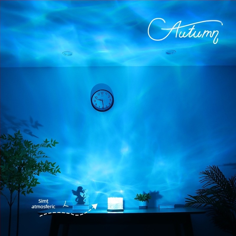 Lampă de proiecție cu cer înstelat, cu flacără de noptieră pătrată, cu ondulații de apă, cu atmosferă Bluetooth, dinamică și romantică