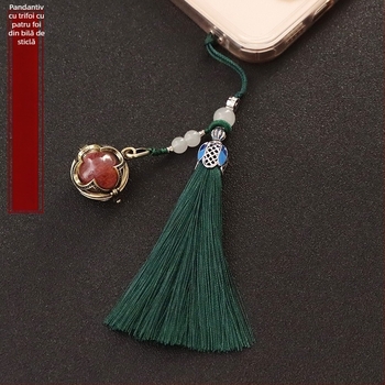 Pandantiv cu ciucure din trifoi cu patru foi, sferă de sticlă, care poate fi deschis, sticlă de cinabru, pandantiv pentru telefon mobil, breloc, pandantiv cu sticlă de dorință