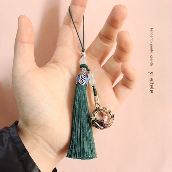 Pandantiv cu ciucure din trifoi cu patru foi, sferă de sticlă, care poate fi deschis, sticlă de cinabru, pandantiv pentru telefon mobil, breloc, pandantiv cu sticlă de dorință