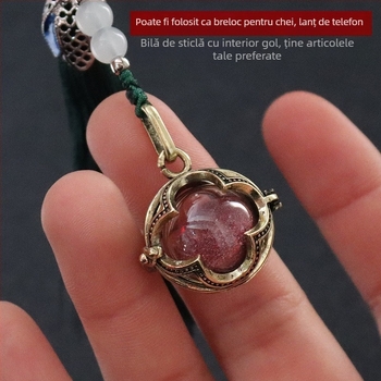 Pandantiv cu ciucure din trifoi cu patru foi, sferă de sticlă, care poate fi deschis, sticlă de cinabru, pandantiv pentru telefon mobil, breloc, pandantiv cu sticlă de dorință