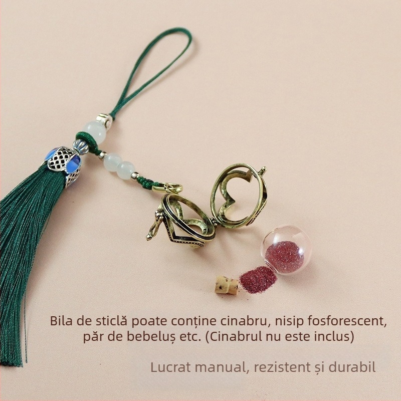 Pandantiv cu ciucure din trifoi cu patru foi, sferă de sticlă, care poate fi deschis, sticlă de cinabru, pandantiv pentru telefon mobil, breloc, pandantiv cu sticlă de dorință