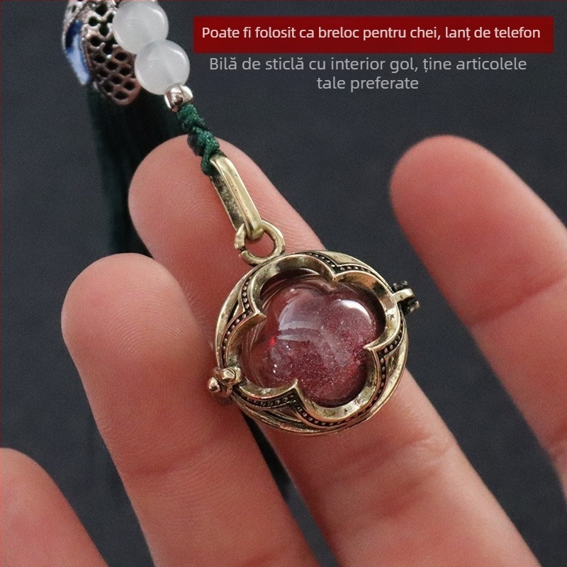Pandantiv cu ciucure din trifoi cu patru foi, sferă de sticlă, care poate fi deschis, sticlă de cinabru, pandantiv pentru telefon mobil, breloc, pandantiv cu sticlă de dorință