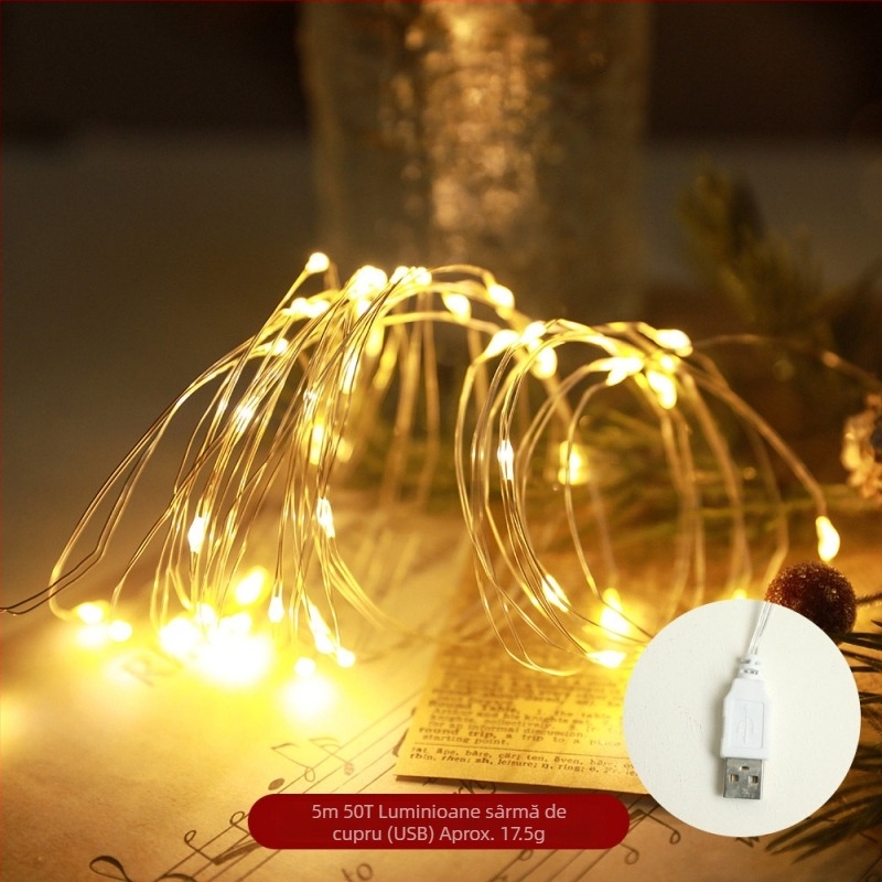 Decorațiuni de Crăciun cu LED-uri, petarde, șir de lumini din sârmă de cupru, linia verde, iluminat transfrontalier pentru costume de Crăciun