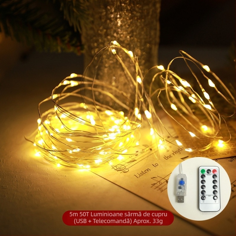 Decorațiuni de Crăciun cu LED-uri, petarde, șir de lumini din sârmă de cupru, linia verde, iluminat transfrontalier pentru costume de Crăciun