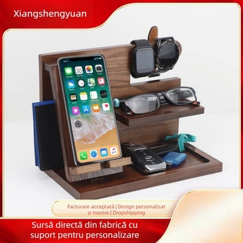 Suport de telefon mobil multifuncțional din lemn masiv creativ, reîncărcabil, pentru birou, din pin, pentru căști, suport de depozitare diverse, în stoc