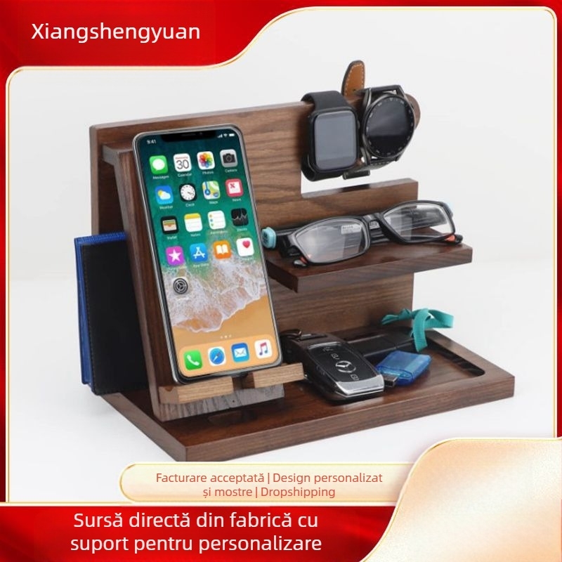 Suport de telefon mobil multifuncțional din lemn masiv creativ, reîncărcabil, pentru birou, din pin, pentru căști, suport de depozitare diverse, în stoc