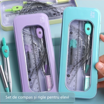 Set de 7 piese cu busolă și riglă, multifuncțional, pentru elevi de școală primară, cu papetărie profesională din metal pentru elevi de liceu, mici materiale de desen proaspete