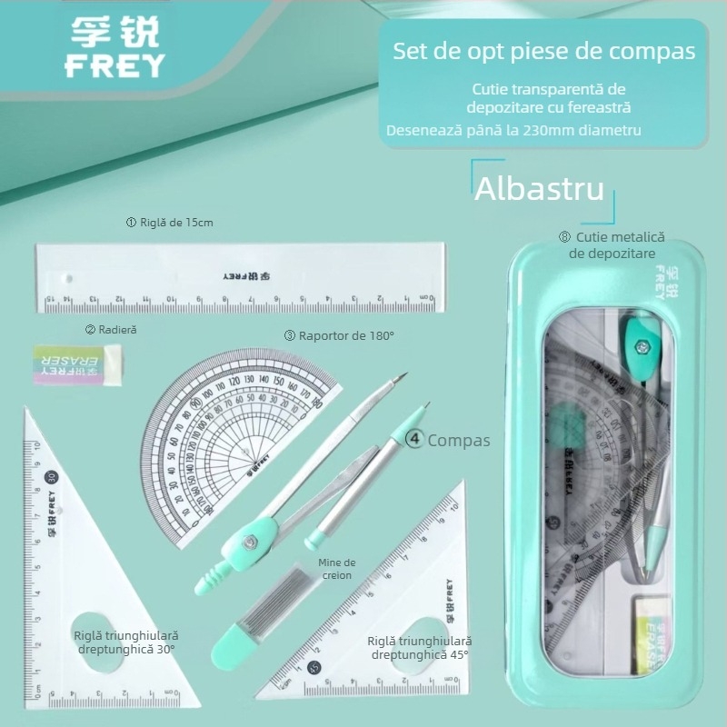 Set de 7 piese cu busolă și riglă, multifuncțional, pentru elevi de școală primară, cu papetărie profesională din metal pentru elevi de liceu, mici materiale de desen proaspete