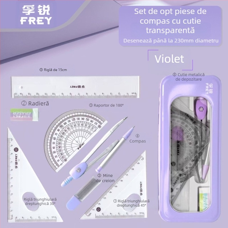 Set de 7 piese cu busolă și riglă, multifuncțional, pentru elevi de școală primară, cu papetărie profesională din metal pentru elevi de liceu, mici materiale de desen proaspete