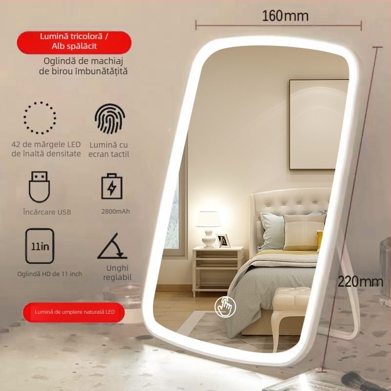 Oglindă cu lampă LED montată pe perete, oglindă pliabilă, oglindă mică de machiaj cu oglindă de toaletă, masă cu lampă, oglindă de birou cu încărcare