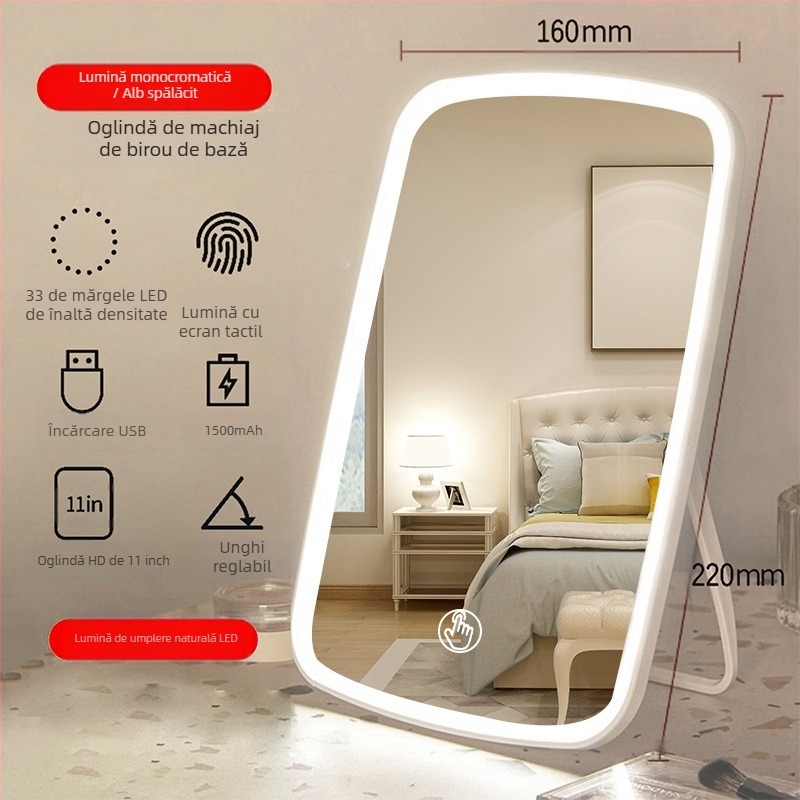 Oglindă cu lampă LED montată pe perete, oglindă pliabilă, oglindă mică de machiaj cu oglindă de toaletă, masă cu lampă, oglindă de birou cu încărcare
