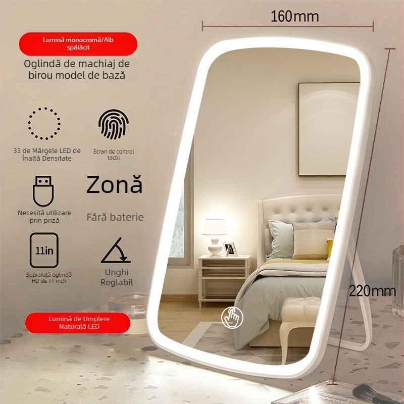Oglindă cu lampă LED montată pe perete, oglindă pliabilă, oglindă mică de machiaj cu oglindă de toaletă, masă cu lampă, oglindă de birou cu încărcare