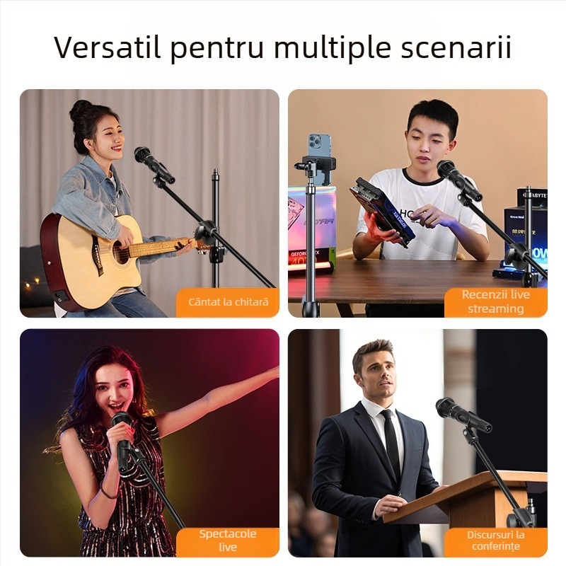 Suport universal pentru microfon, cu clemă universală pentru podea, cu bară orizontală metalică pentru microfon, suport retractabil multifuncțional pentru microfon