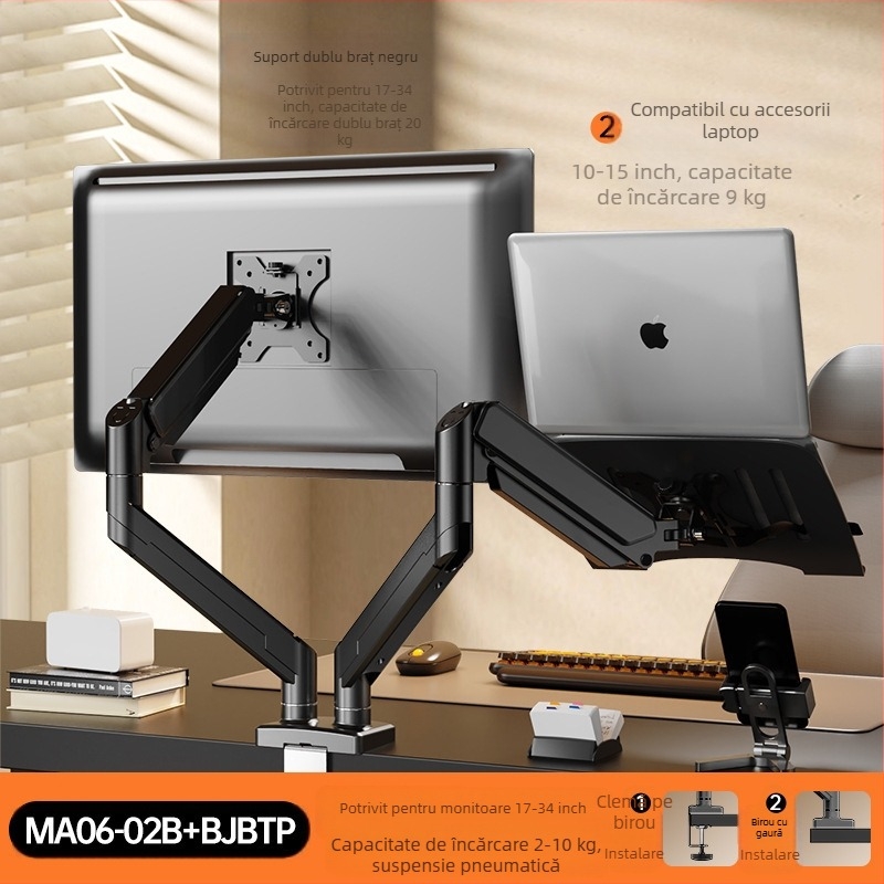 Suport pentru monitor cu ecran dublu, suport de ridicare pentru ecran de computer, ecran de afișare desktop, rotație telescopică fără perforare