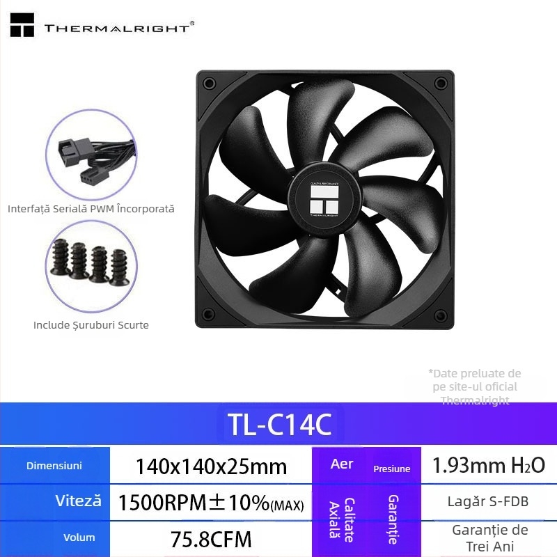 Ventilator de răcire computer Limin TL-C14C-S negru, 14cm, silențios, alb, ARGB, pentru desktop