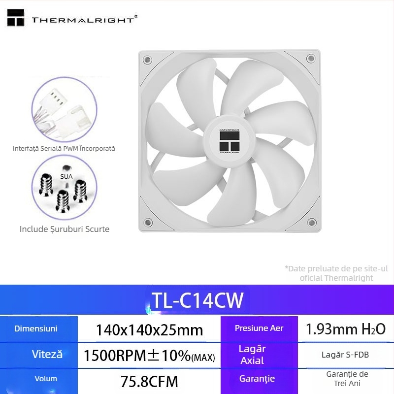 Ventilator de răcire computer Limin TL-C14C-S negru, 14cm, silențios, alb, ARGB, pentru desktop