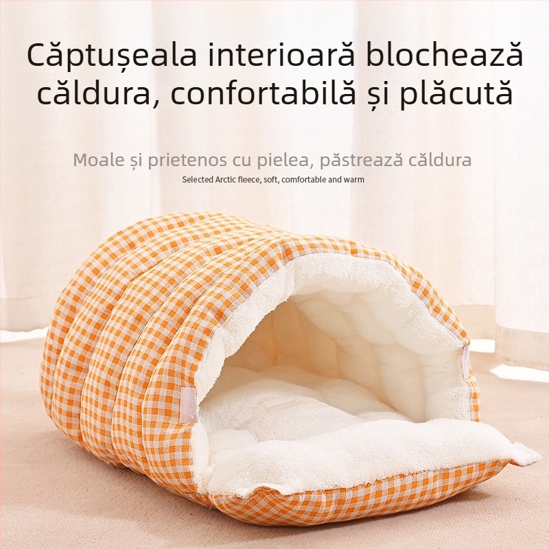 Cuib de pisică cald iarna, închis și sigur, pat pentru pisici și câini, cuib de dormit, sac de dormit, cuvertură, artefact de iarnă pentru animale de companie