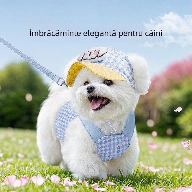 Pălărie de primăvară și de vară pentru animale de companie, pentru câini și pisici, pentru ieșiri în aer liber, cu umbrire solară, anti-tragere, capac anti-rouă, reglabil cu cataramă de frânghie