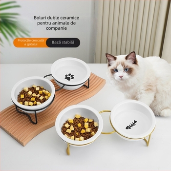 Bol ceramic pentru pisici, protecție pentru gâtul piciorului, cadru de fixare dublu, anti-răsturnare, bazin pentru hrană pentru pisici și câini, bol cu apă înclinabil, consumabile pentru animale de companie