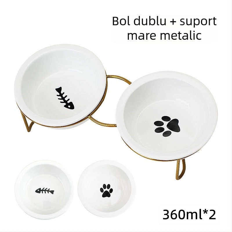 Bol ceramic pentru pisici, protecție pentru gâtul piciorului, cadru de fixare dublu, anti-răsturnare, bazin pentru hrană pentru pisici și câini, bol cu apă înclinabil, consumabile pentru animale de companie