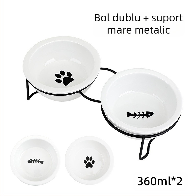 Bol ceramic pentru pisici, protecție pentru gâtul piciorului, cadru de fixare dublu, anti-răsturnare, bazin pentru hrană pentru pisici și câini, bol cu apă înclinabil, consumabile pentru animale de companie