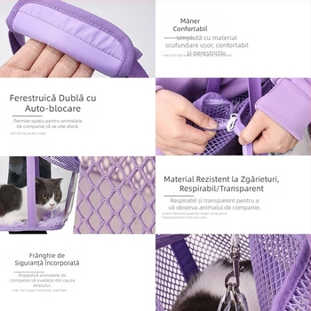 Geantă de umăr pentru animale de companie mici, cu patru fețe, respirabilă, din plasă, confortabilă, pentru pisici, geantă de siguranță cu frânghie încorporată, geantă de evadare pentru pisici