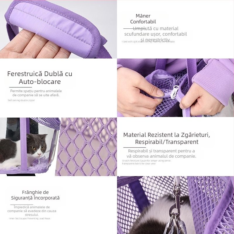 Geantă de umăr pentru animale de companie mici, cu patru fețe, respirabilă, din plasă, confortabilă, pentru pisici, geantă de siguranță cu frânghie încorporată, geantă de evadare pentru pisici