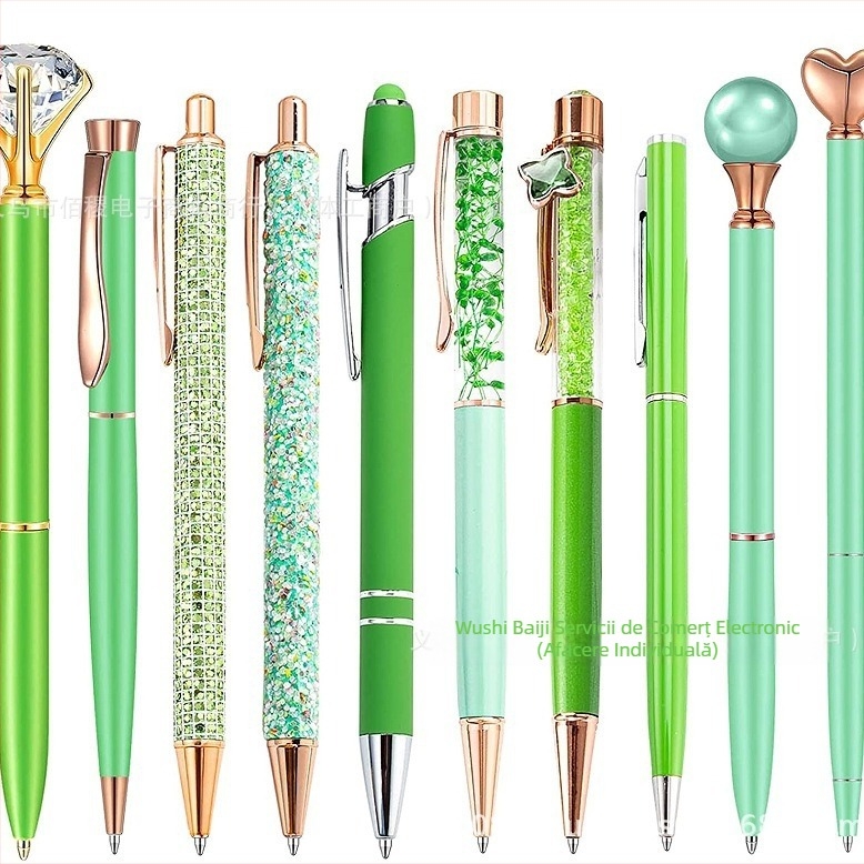 Set de 10 pixuri cu bilă, model stras, pix amuzant, auriu-roz, violet-verde, pentru fete, cu mărgele rotunde