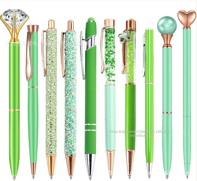 Set de 10 pixuri cu bilă, model stras, pix amuzant, auriu-roz, violet-verde, pentru fete, cu mărgele rotunde