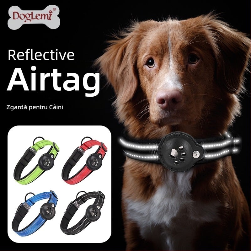 Zgardă de câine Airtag pentru animale de companie, poate urmări cataramă mecanică din piele, nailon, rezistentă la tragere, panglică reflectorizantă