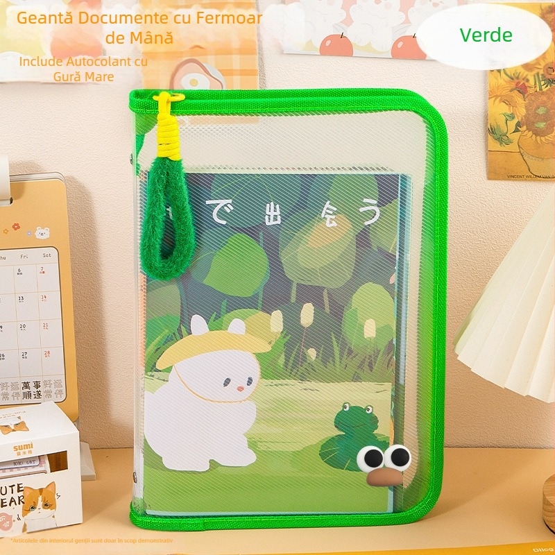 Geantă de dosar dopamină A4 cu fermoar transparentă pentru studenți, geantă de transport portabilă din pluș